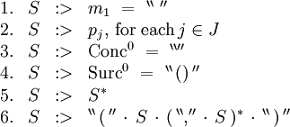 \begin{array}{rcll} 1. & S &&nbsp;:> & m_1 \ = \ ^{\backprime\backprime} \operatorname{~} ^{\prime\prime} \\ 2. & S &&nbsp;:> & p_j, \, \text{for each} \, j \in J \\ 3. & S &&nbsp;:> & \operatorname{Conc}^0 \ = \ ^{\backprime\backprime\prime\prime} \\ 4. & S &&nbsp;:> & \operatorname{Surc}^0 \ = \ ^{\backprime\backprime} \, \operatorname{()} \, ^{\prime\prime} \\ 5. & S &&nbsp;:> & S^* \\ 6. & S &&nbsp;:> & ^{\backprime\backprime} \, \operatorname{(} \, ^{\prime\prime} \, \cdot \, S \, \cdot \, ( \, ^{\backprime\backprime} \operatorname{,} ^{\prime\prime} \, \cdot \, S \, )^* \, \cdot \, ^{\backprime\backprime} \, \operatorname{)} \, ^{\prime\prime} \\ \end{array}