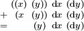 \begin{smallmatrix}   & ((x) & (y)) & \operatorname{d}x & (\operatorname{d}y) \\ + &  (x  & (y)) & \operatorname{d}x & (\operatorname{d}y) \\ = &      & (y)  & \operatorname{d}x & (\operatorname{d}y) \\ \end{smallmatrix}
