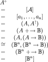\begin{matrix}
A^\circ                                               \\
= & [\mathcal{A}]                                     \\
= & [a_1, \ldots, a_n]                                \\
= & (A, A^\uparrow)                                   \\
= & (A\ +\!\to \mathbb{B})                            \\
= & (A, (A \to \mathbb{B}))                           \\
\cong & (\mathbb{B}^n, (\mathbb{B}^n \to \mathbb{B})) \\
= & (\mathbb{B}^n\ +\!\to \mathbb{B})                 \\
= & [\mathbb{B}^n]                                    \\
\end{matrix}