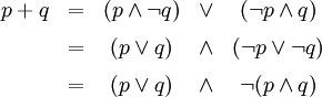 \begin{matrix}
p + q & = & (p \land \lnot q)  & \lor & (\lnot p \land q)
\\[6pt]
      & = & (p \lor q) & \land & (\lnot p \lor \lnot q)
\\[6pt]
      & = & (p \lor q) & \land & \lnot (p \land q)
\end{matrix}