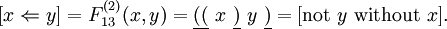 [x \Leftarrow y] = F_{13}^{(2)} (x, y) = \underline{((} ~x~ \underline{)} ~y~ \underline{)} = [\operatorname{not}~ y ~\operatorname{without}~ x].