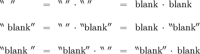 \begin{array}{lclcl} ^{\backprime\backprime}\operatorname{~~}^{\prime\prime} & = & ^{\backprime\backprime}\operatorname{~}^{\prime\prime} \, \cdot \, ^{\backprime\backprime}\operatorname{~}^{\prime\prime} & = & \operatorname{blank} \, \cdot \, \operatorname{blank} \\ \\ ^{\backprime\backprime}\operatorname{~blank}^{\prime\prime} & = & ^{\backprime\backprime}\operatorname{~}^{\prime\prime} \, \cdot \, ^{\backprime\backprime}\operatorname{blank}^{\prime\prime} & = & \operatorname{blank} \, \cdot \, ^{\backprime\backprime}\operatorname{blank}^{\prime\prime} \\ \\ ^{\backprime\backprime}\operatorname{blank~}^{\prime\prime} & = & ^{\backprime\backprime}\operatorname{blank}^{\prime\prime} \, \cdot \, ^{\backprime\backprime}\operatorname{~}^{\prime\prime} & = & ^{\backprime\backprime}\operatorname{blank}^{\prime\prime} \, \cdot \, \operatorname{blank} \end{array}
