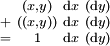 \begin{smallmatrix}   &  (x , y)  & \operatorname{d}x & (\operatorname{d}y) \\ + & ((x , y)) & \operatorname{d}x & (\operatorname{d}y) \\ = &     1     & \operatorname{d}x & (\operatorname{d}y) \\ \end{smallmatrix}