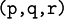 \texttt{(p, q, r)}
