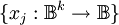 \{ x_j&nbsp;: \mathbb{B}^k \to \mathbb{B} \}