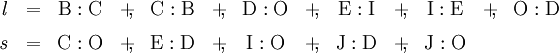 \begin{array}{*{13}{c}} \mathit{l} & =      & \mathrm{B}:\mathrm{C} & +\!\!, & \mathrm{C}:\mathrm{B} & +\!\!, & \mathrm{D}:\mathrm{O} & +\!\!, & \mathrm{E}:\mathrm{I} & +\!\!, & \mathrm{I}:\mathrm{E} & +\!\!, & \mathrm{O}:\mathrm{D} \\[6pt] \mathit{s} & =      & \mathrm{C}:\mathrm{O} & +\!\!, & \mathrm{E}:\mathrm{D} & +\!\!, & \mathrm{I}:\mathrm{O} & +\!\!, & \mathrm{J}:\mathrm{D} & +\!\!, & \mathrm{J}:\mathrm{O} \end{array}