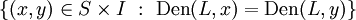 \{ (x, y) \in S \times I ~:~ \operatorname{Den}(L, x) = \operatorname{Den}(L, y) \}