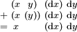\begin{smallmatrix}   & (x  &  y)  & (\operatorname{d}x) & \operatorname{d}y \\ + & (x  & (y)) & (\operatorname{d}x) & \operatorname{d}y \\ = &  x  &      & (\operatorname{d}x) & \operatorname{d}y \\ \end{smallmatrix}