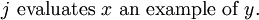 j\ \text{evaluates}\ x\ \text{an example of}\ y.