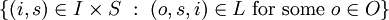 \{ (i, s) \in I \times S ~:~ (o, s, i) \in L ~\operatorname{for~some}~ o \in O \}