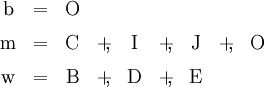 \begin{array}{*{15}{c}} \mathrm{b} & =      & \mathrm{O} \\[6pt] \mathrm{m} & =      & \mathrm{C} & +\!\!, & \mathrm{I} & +\!\!, & \mathrm{J} & +\!\!, & \mathrm{O} \\[6pt] \mathrm{w} & =      & \mathrm{B} & +\!\!, & \mathrm{D} & +\!\!, & \mathrm{E} \end{array}