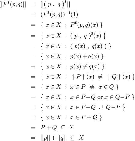 \begin{array}{lll} [| F^\$ (p, q) |] & = & [| \underline{(}~p~,~q~\underline{)}^\$ |] \\[6pt] & = & (F^\$ (p, q))^{-1} (\underline{1}) \\[6pt] & = & \{~ x \in X ~:~ F^\$ (p, q)(x) ~\} \\[6pt] & = & \{~ x \in X ~:~ \underline{(}~p~,~q~\underline{)}^\$ (x) ~\} \\[6pt] & = & \{~ x \in X ~:~ \underline{(}~p(x)~,~q(x)~\underline{)} ~\} \\[6pt] & = & \{~ x \in X ~:~ p(x) + q(x) ~\} \\[6pt] & = & \{~ x \in X ~:~ p(x) \neq q(x) ~\} \\[6pt] & = & \{~ x \in X ~:~ \upharpoonleft P \upharpoonright (x) ~\neq~ \upharpoonleft Q \upharpoonright (x) ~\} \\[6pt] & = & \{~ x \in X ~:~ x \in P ~\nLeftrightarrow~ x \in Q ~\} \\[6pt] & = & \{~ x \in X ~:~ x \in P\!-\!Q ~\operatorname{or}~ x \in Q\!-\!P ~\} \\[6pt] & = & \{~ x \in X ~:~ x \in P\!-\!Q ~\cup~ Q\!-\!P ~\} \\[6pt] & = & \{~ x \in X ~:~ x \in P + Q ~\} \\[6pt] & = & P + Q ~\subseteq~ X \\[6pt] & = & [|p|] + [|q|] ~\subseteq~ X \end{array}