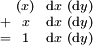\begin{smallmatrix}   & (x) & & \operatorname{d}x & (\operatorname{d}y) \\ + &  x  & & \operatorname{d}x & (\operatorname{d}y) \\ = &  1  & & \operatorname{d}x & (\operatorname{d}y) \\ \end{smallmatrix}