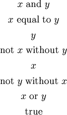\begin{matrix}
x ~\text{and}~ y
\\[4pt]
x ~\text{equal to}~ y
\\[4pt]
y
\\[4pt]
\text{not}~ x ~\text{without}~ y
\\[4pt]
x
\\[4pt]
\text{not}~ y ~\text{without}~ x
\\[4pt]
x ~\text{or}~ y
\\[4pt]
\text{true}
\end{matrix}
