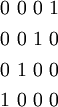 \begin{matrix}
0~0~0~1
\\[4pt]
0~0~1~0
\\[4pt]
0~1~0~0
\\[4pt]
1~0~0~0
\end{matrix}