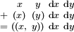 \begin{smallmatrix}   &   x  &  y   & \operatorname{d}x & \operatorname{d}y \\ + &  (x) & (y)  & \operatorname{d}x & \operatorname{d}y \\ = & ((x, &  y)) & \operatorname{d}x & \operatorname{d}y \\ \end{smallmatrix}