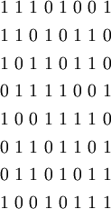\begin{matrix} 1~1~1~0~1~0~0~1 \\[4pt] 1~1~0~1~0~1~1~0 \\[4pt] 1~0~1~1~0~1~1~0 \\[4pt] 0~1~1~1~1~0~0~1 \\[4pt] 1~0~0~1~1~1~1~0 \\[4pt] 0~1~1~0~1~1~0~1 \\[4pt] 0~1~1~0~1~0~1~1 \\[4pt] 1~0~0~1~0~1~1~1 \end{matrix}