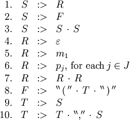 \begin{array}{rcll} 1. & S &&nbsp;:> & R \\ 2. & S &&nbsp;:> & F \\ 3. & S &&nbsp;:> & S \, \cdot \, S \\ 4. & R &&nbsp;:> & \varepsilon \\ 5. & R &&nbsp;:> & m_1 \\ 6. & R &&nbsp;:> & p_j, \, \text{for each} \, j \in J \\ 7. & R &&nbsp;:> & R \, \cdot \, R \\ 8. & F &&nbsp;:> & ^{\backprime\backprime} \, \operatorname{(} \, ^{\prime\prime} \, \cdot \, T \, \cdot \, ^{\backprime\backprime} \, \operatorname{)} \, ^{\prime\prime} \\ 9. & T &&nbsp;:> & S \\ 10. & T &&nbsp;:> & T \, \cdot \, ^{\backprime\backprime} \operatorname{,} ^{\prime\prime} \, \cdot \, S \\ \end{array}