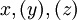 x, (y), (z)\!