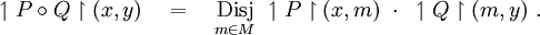 \upharpoonleft P \circ Q \upharpoonright (x, y) \quad = \quad \underset{m \in M}{\operatorname{Disj}} ~\upharpoonleft P \upharpoonright (x, m) ~\cdot~ \upharpoonleft Q \upharpoonright (m, y)~.
