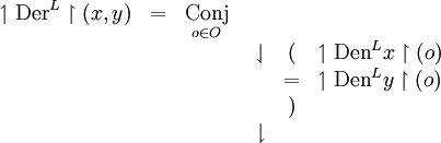 \begin{array}{ccccl}
\upharpoonleft \operatorname{Der}^L \upharpoonright (x, y)
& = & \underset{o \in O}{\operatorname{Conj}} \\
& & & \begin{array}{ccl}
\downharpoonleft & ( & \upharpoonleft \operatorname{Den}^L x \upharpoonright (o) \\
& = & \upharpoonleft \operatorname{Den}^L y \upharpoonright (o) \\
& ) & \\
\downharpoonright & & \\
\end{array} \\
& & & \\
\end{array}