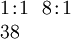 \begin{array}{l} 1\!:\!1 ~~ 8\!:\!1 \\ 38 \end{array}