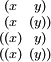 \begin{smallmatrix}  (x  &  y)  \\  (x  & (y)) \\ ((x) &  y)  \\ ((x) & (y)) \\ \end{smallmatrix}