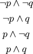 \begin{matrix} \lnot p \land \lnot q \\[4pt] \lnot p \land q \\[4pt] p \land \lnot q \\[4pt] p \land q \end{matrix}
