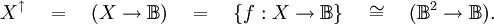 X^\uparrow \quad = \quad (X \to \mathbb{B}) \quad = \quad \{ f : X \to \mathbb{B} \} \quad \cong \quad (\mathbb{B}^2 \to \mathbb{B}).
