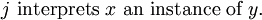 j\ \text{interprets}\ x\ \text{an instance of}\ y.