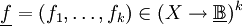 \underline{f} = (f_1, \ldots, f_k) \in (X \to \underline\mathbb{B})^k