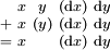\begin{smallmatrix}   &  x  &  y  & (\operatorname{d}x) & \operatorname{d}y \\ + &  x  & (y) & (\operatorname{d}x) & \operatorname{d}y \\ = &  x  &     & (\operatorname{d}x) & \operatorname{d}y \\ \end{smallmatrix}