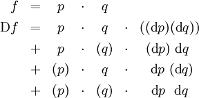 \begin{array}{rcccccc} f & = & p  & \cdot & q \\[4pt] \operatorname{D}f & = &  p  & \cdot &  q  & \cdot & ((\operatorname{d}p)(\operatorname{d}q)) \\[4pt] & + &  p  & \cdot & (q) & \cdot & ~(\operatorname{d}p)~\operatorname{d}q~~ \\[4pt] & + & (p) & \cdot &  q  & \cdot & ~~\operatorname{d}p~(\operatorname{d}q)~ \\[4pt] & + & (p) & \cdot & (q) & \cdot & ~~\operatorname{d}p~~\operatorname{d}q~~ \end{array}