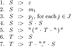 \begin{array}{rcll} 1. & S &&nbsp;:> & \varepsilon \\ 2. & S &&nbsp;:> & m_1 \\ 3. & S &&nbsp;:> & p_j, \, \text{for each} \, j \in J \\ 4. & S &&nbsp;:> & S \, \cdot \, S \\ 5. & S &&nbsp;:> & ^{\backprime\backprime} \, \operatorname{(} \, ^{\prime\prime} \, \cdot \, T \, \cdot \, ^{\backprime\backprime} \, \operatorname{)} \, ^{\prime\prime} \\ 6. & T &&nbsp;:> & S \\ 7. & T &&nbsp;:> & T \, \cdot \, ^{\backprime\backprime} \operatorname{,} ^{\prime\prime} \, \cdot \, S \\ \end{array}