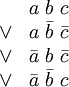 \begin{matrix} & a ~ b ~ c \\ \lor & a ~ \bar{b} ~ \bar{c} \\ \lor & \bar{a} ~ b ~ \bar{c} \\ \lor & \bar{a} ~ \bar{b} ~ c \end{matrix}