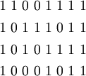 \begin{matrix}
1~1~0~0~1~1~1~1
\\[4pt]
1~0~1~1~1~0~1~1
\\[4pt]
1~0~1~0~1~1~1~1
\\[4pt]
1~0~0~0~1~0~1~1
\end{matrix}