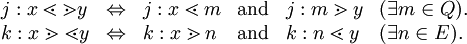 \begin{array}{llllll} j&nbsp;: x \lessdot \gtrdot y & \Leftrightarrow          & j&nbsp;: x \lessdot m         & \operatorname{and}       & j&nbsp;: m \gtrdot y          & (\exists m \in Q).      \\ k&nbsp;: x \gtrdot \lessdot y & \Leftrightarrow          & k&nbsp;: x \gtrdot n          & \operatorname{and}       & k&nbsp;: n \lessdot y         & (\exists n \in E).      \\ \end{array}