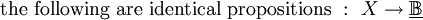 \text{the following are identical propositions} ~:~ X \to \underline\mathbb{B}